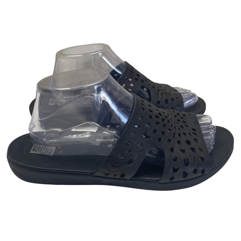 FitFlop Slide Sandals 9 Black Laser Cut Out Leather DuoComff Comfort Shoes Boho